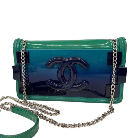 Authentic CHANEL CC Plexiglass Patent Boy Brick Flap Bag Turquoise Navy Blue - Picture 3 of 16